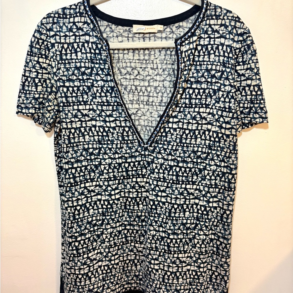 Tory Burch Navy and White Patterned Short Sleeve Top